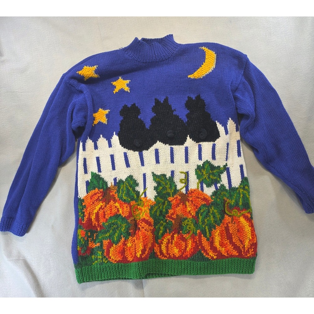 Vintage Marisa Christina Cottagecore Halloween Cat Pumpkin Sweater XL Blue Knit